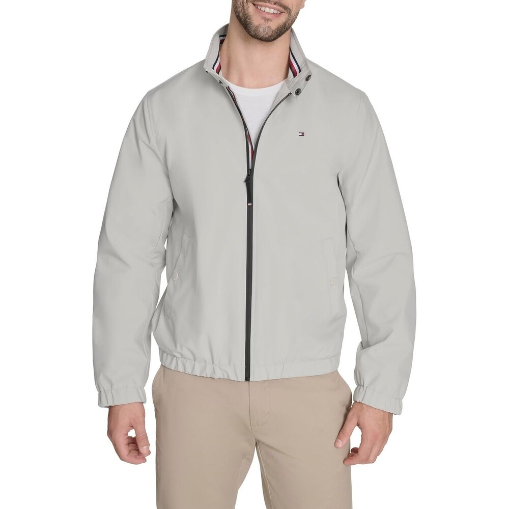 TOMMY HILFIGER Jacket Mens XL Light Grey Zip Lightweight Stand Collar Logo $175